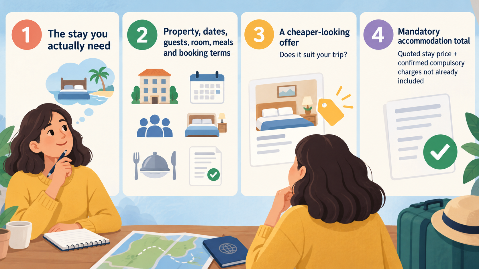 Show one numbered five-point checklist using the section's checks: compare the stay details, record the mandatory accommodation total, keep expected optional items in the planned