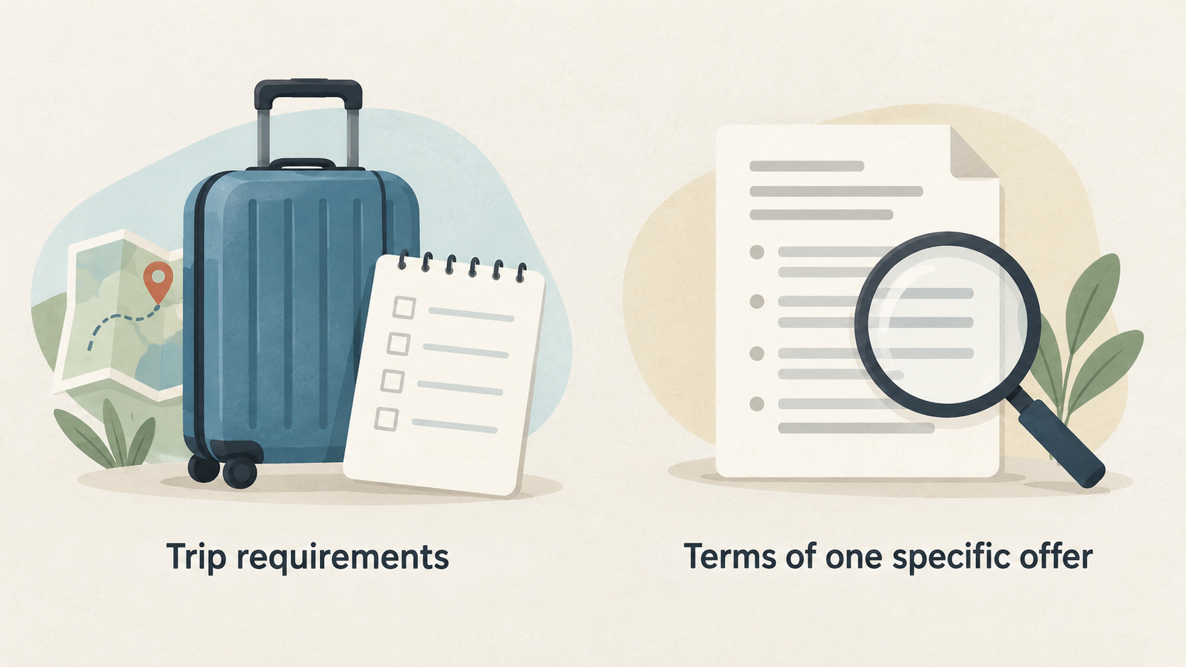 Show a numbered checklist of the five reader-guidance steps stated in this section: Define the trip; Assess the location; Examine the room; Compare the total; Read the booking