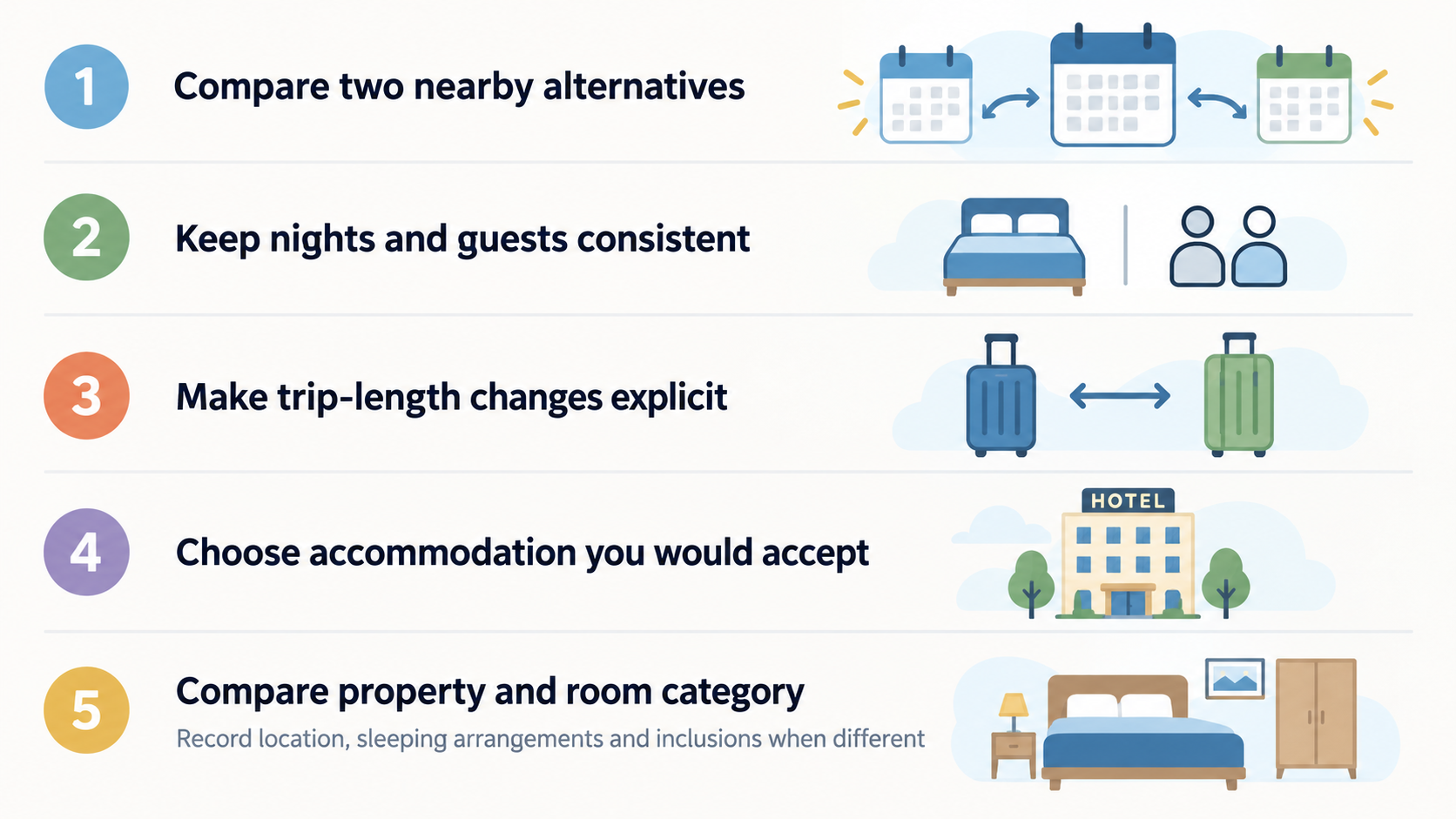 Illustrate comparing the preferred dates with two nearby options, keeping nights and guests consistent where possible and accounting for accommodation and additional trip costs