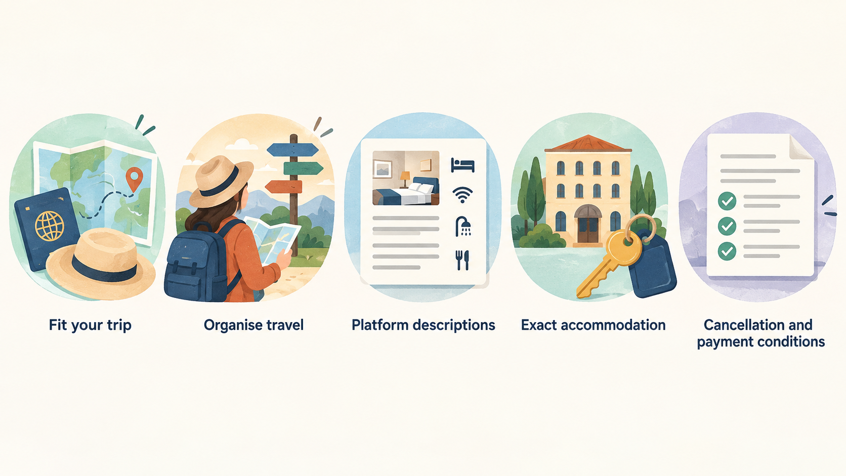 Summarize the article’s stated booking checks in one horizontal row of five labeled icons.