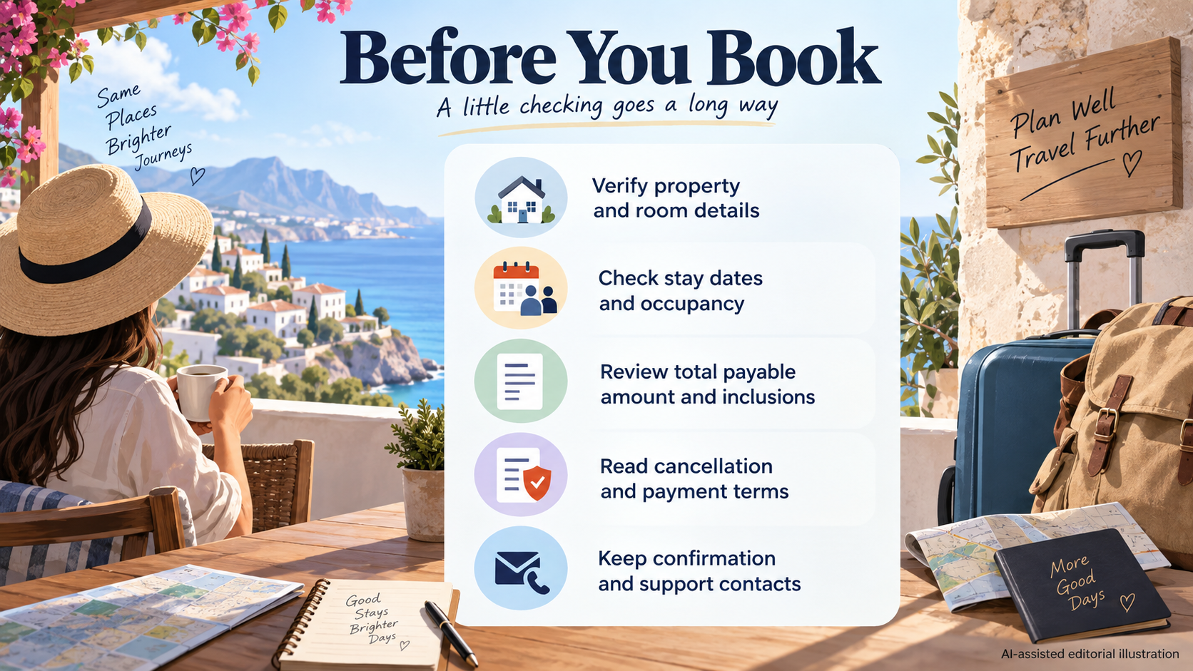 Provide a scannable pre-booking checklist while keeping offer-specific information subject to verification