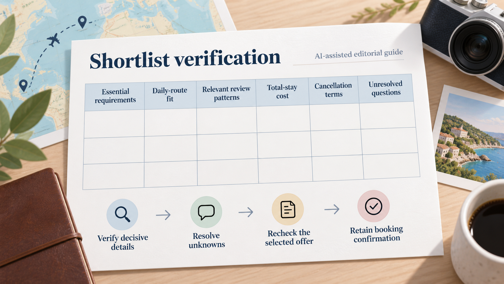 Turn the guide into a reusable shortlist and final verification sequence without treating listing claims or corporate service commitments as booking-specific proof