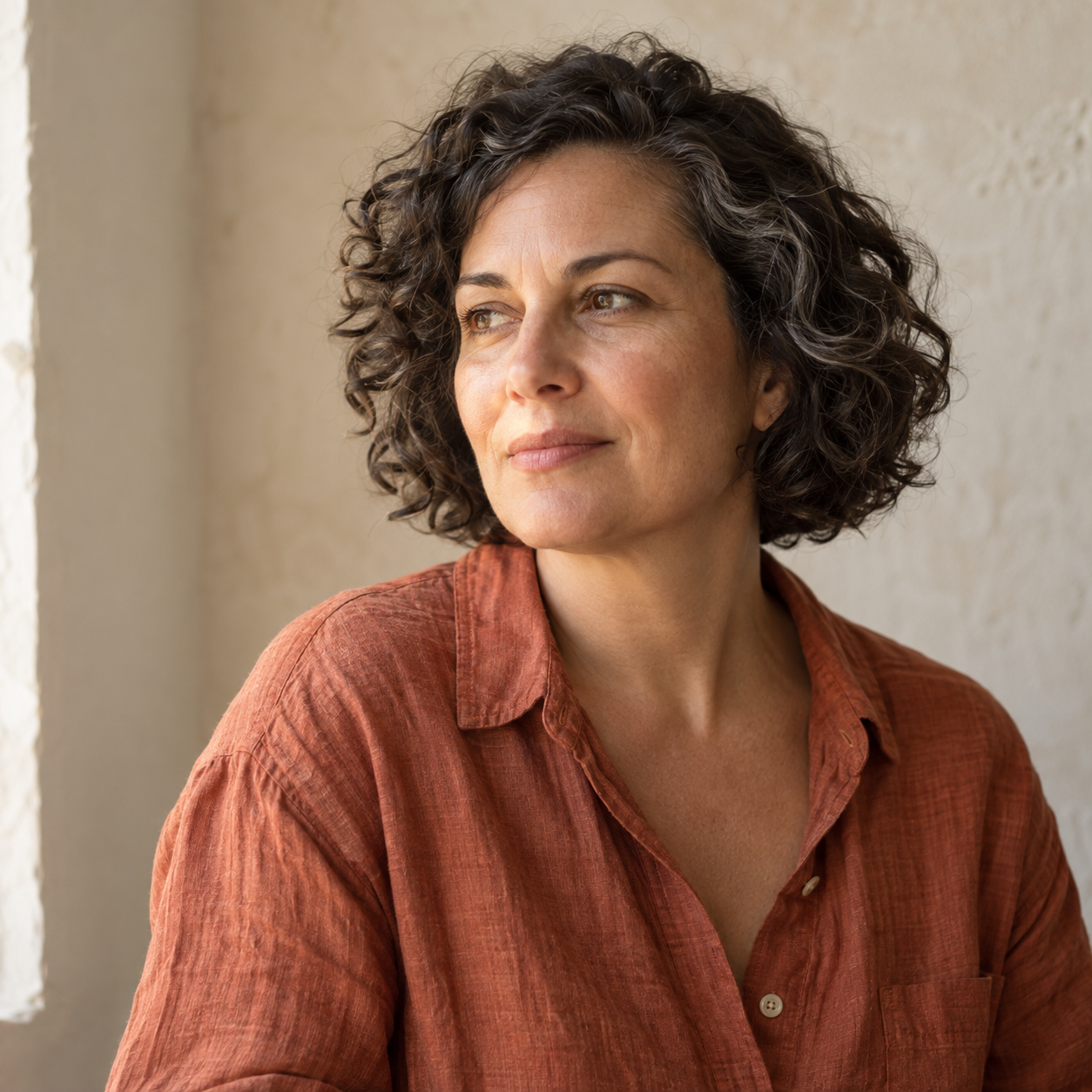 Editorial portrait of Elena Marlow in a terracotta linen shirt