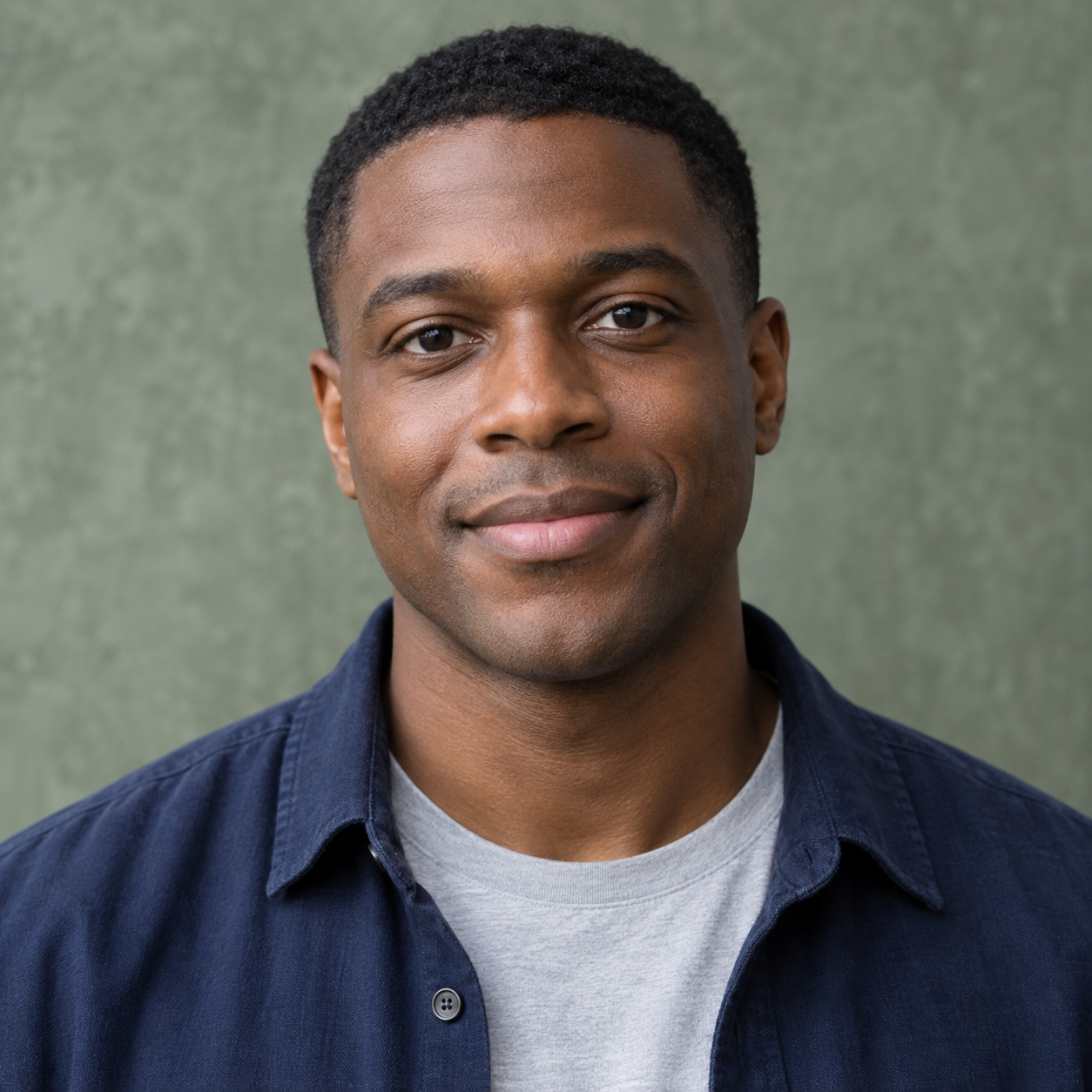 Editorial portrait of Miles Adeyemi in a navy overshirt